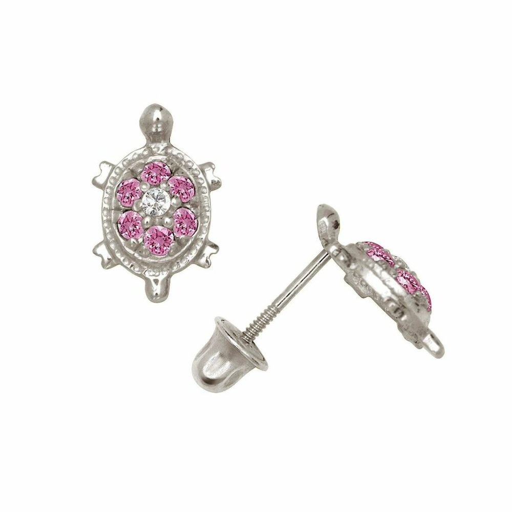 14k Solid White Gold Birthstone Turtle Screw Back… - image 7